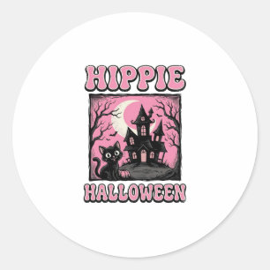 Hippie Halloween Vintage Haunted House Cat Shirt_1 Classic Round Sticker