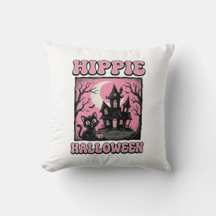 Hippie Halloween Vintage Haunted House Cat Shirt_1 Cushion