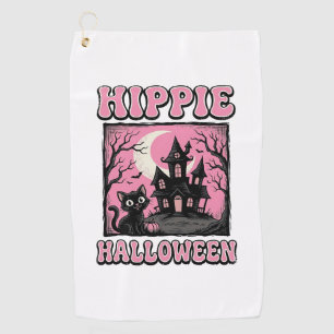Hippie Halloween Vintage Haunted House Cat Shirt_1 Golf Towel