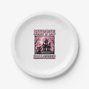 Hippie Halloween Vintage Haunted House Cat Shirt_1 Paper Plate