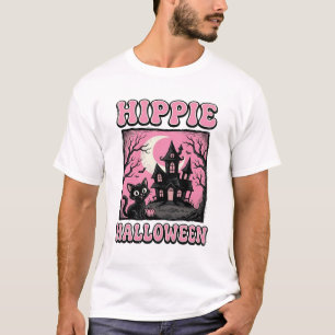 Hippie Halloween Vintage Haunted House Cat Shirt_1 T-Shirt