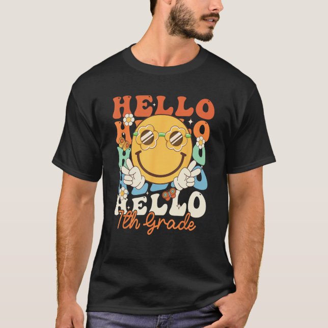 Hippie Hello 7th Grade Retro Groovy  Back to Schoo T-Shirt (Front)
