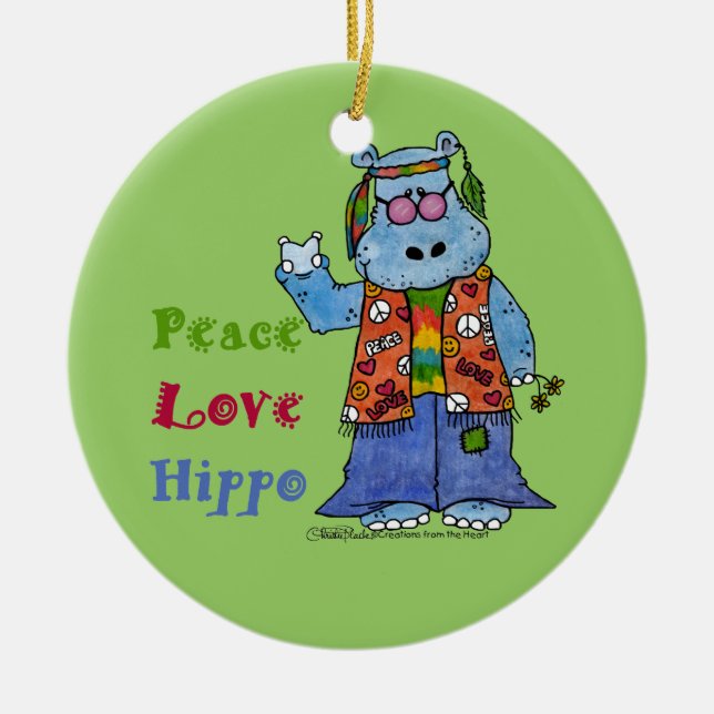 Hippie Hippo-Peace, Love, Hippo Ceramic Tree Decoration (Front)