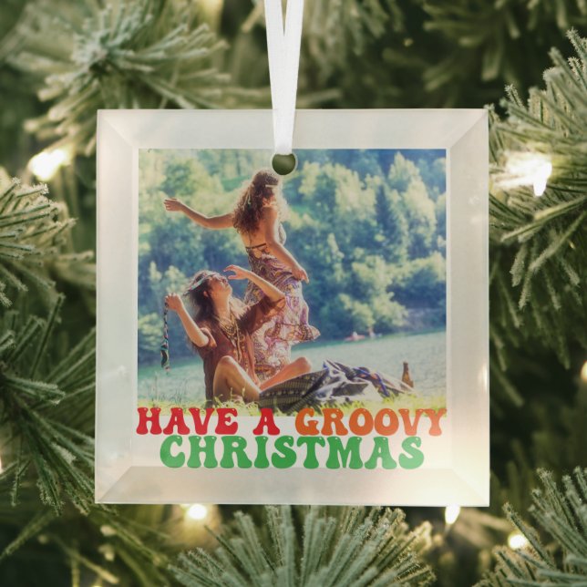 Hippie Holiday Photo Have a Groovy Christmas Glass Tree Decoration (Insitu)