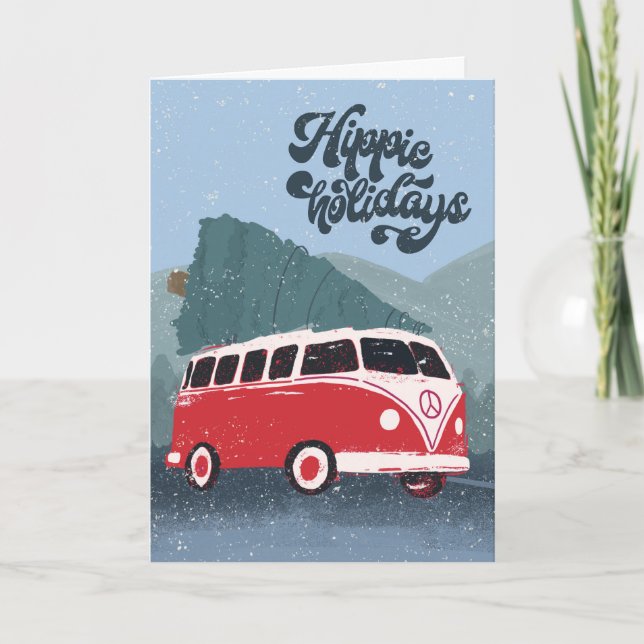 Hippie Holidays Retro Bus & Tree Greeting Card (Front)