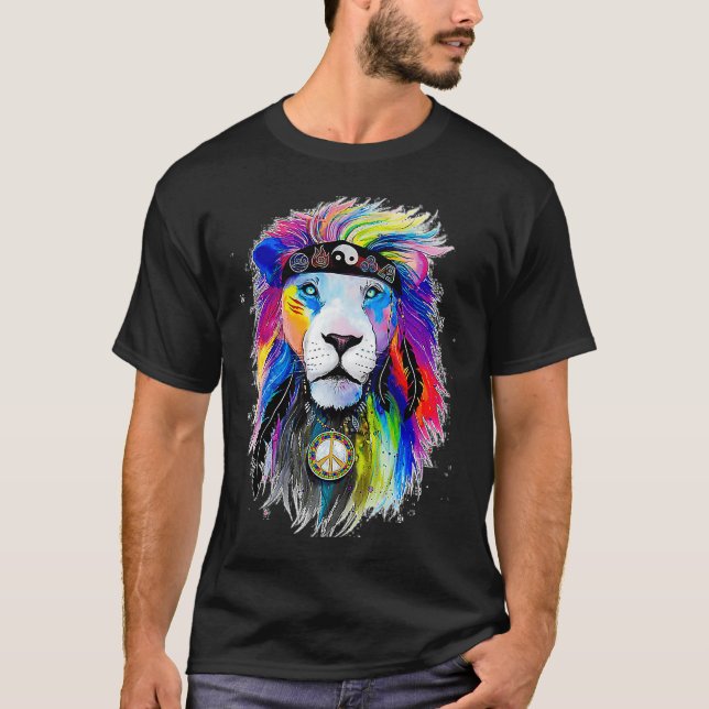 Hippie Lion Hipster Zen Yin Yang Colourful Boho Ra T-Shirt (Front)