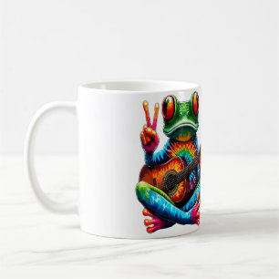 Hippie Lover Tie-Dye Frog Playing Guitar Peace Sig Coffee Mug