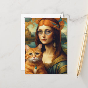 Hippie Mona Lisa and Her Ginger Cat Postcard