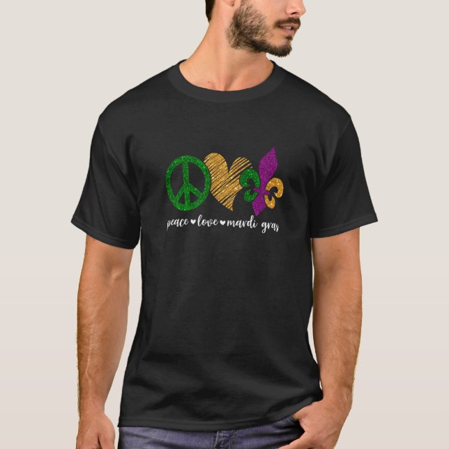 Hippie Peace Love Mardi Gras Peace Sign Heart Fleu T-Shirt (Front)
