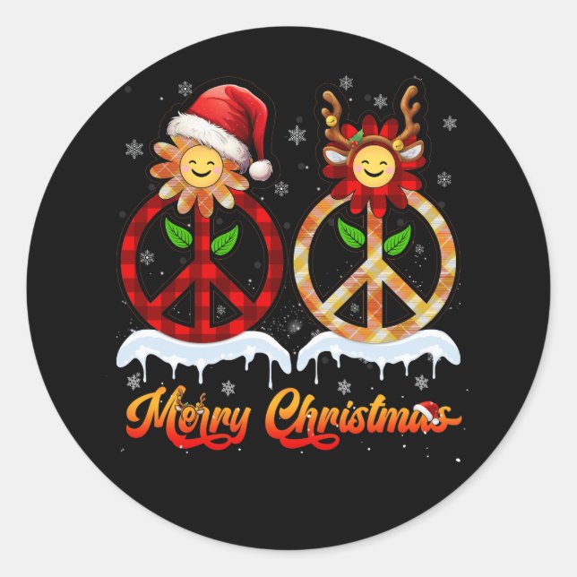 Hippie Peace Sign Plaid Santa Hat Reindeer Merry C Classic Round Sticker (Front)