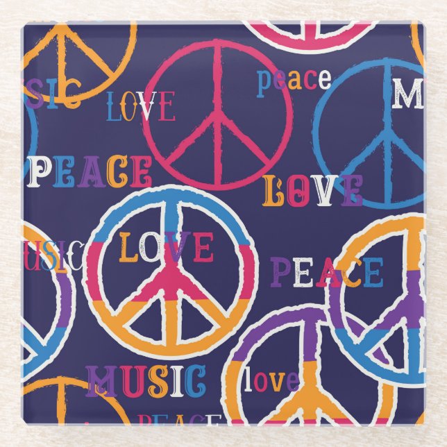 Hippie Peace: Vibrant Symbol Design. Glass Coaster (Front)