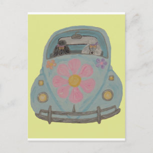 Hippie Poodles in their Flower Child Love Car Postcard