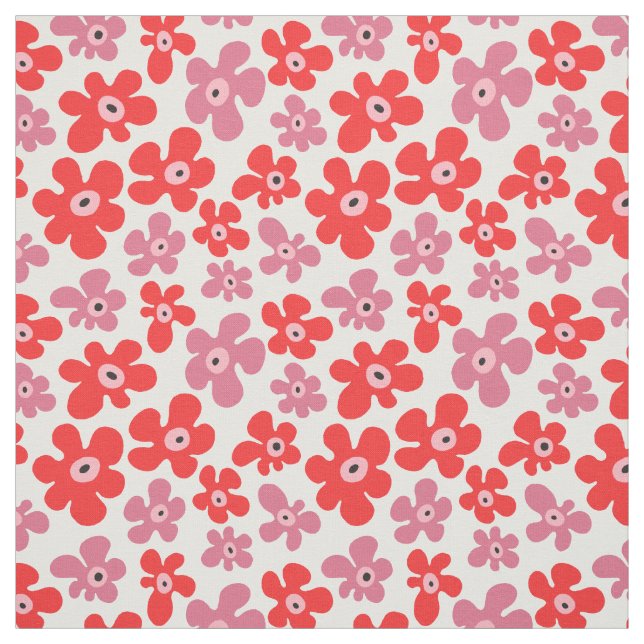 Hippie Poppy Flowers Red Pink Floral Pattern Fabric (Swatch)