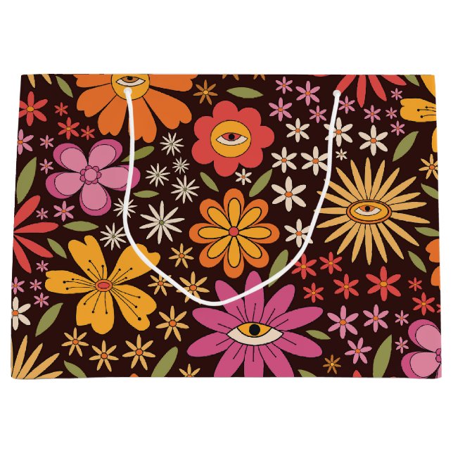 Hippie Psychedelic 70s Groovy Flowers Eye Pattern  Large Gift Bag (Front)