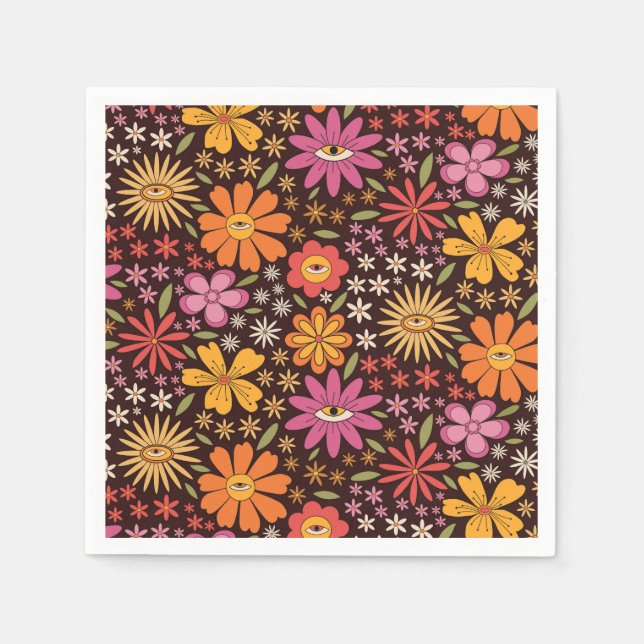Hippie Psychedelic 70s Groovy Flowers Eye Pattern  Napkin (Front)