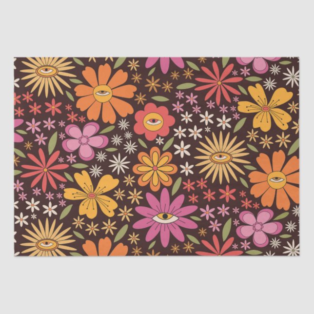 Hippie Psychedelic 70s Groovy Flowers Eye Pattern  Tissue Paper (Front)