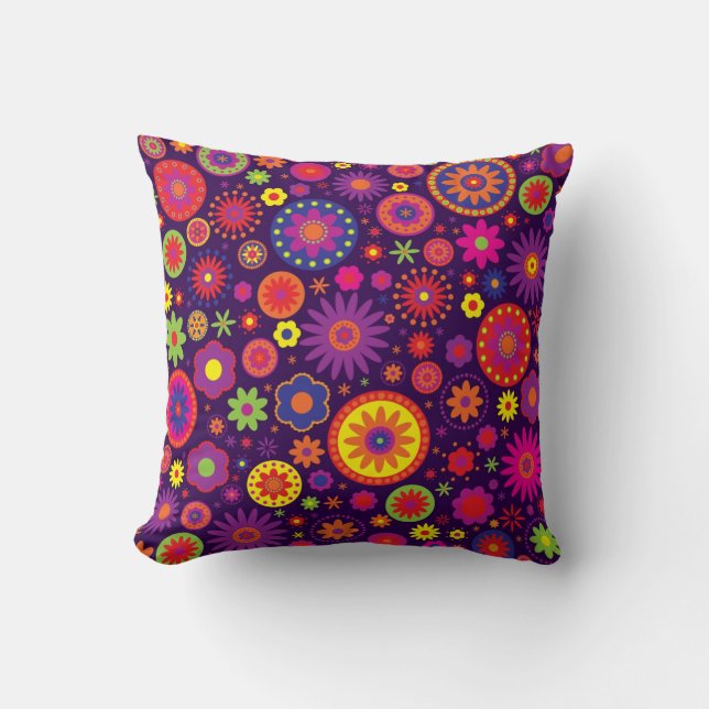 Hippie Purple Rainbow Flowers Cushion (Front)
