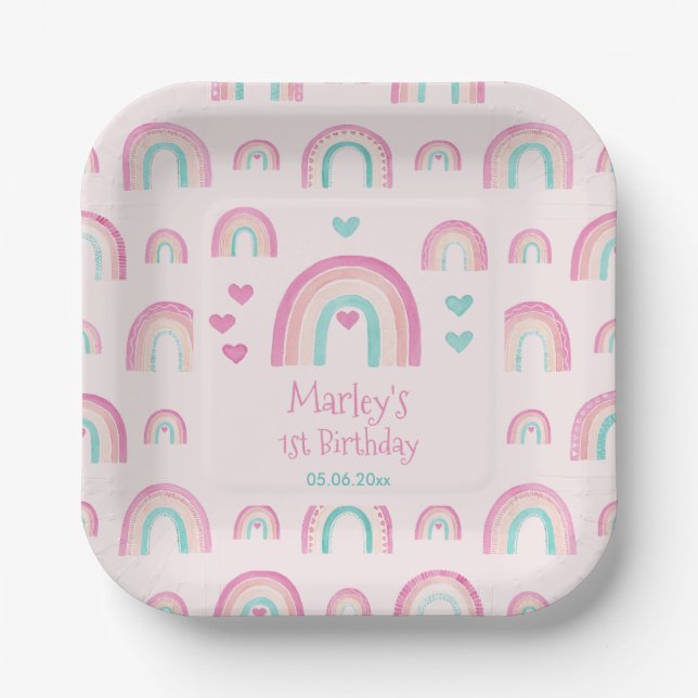 Hippie Rainbows Hearts 1st Birthday Party Paper Plate (Front)