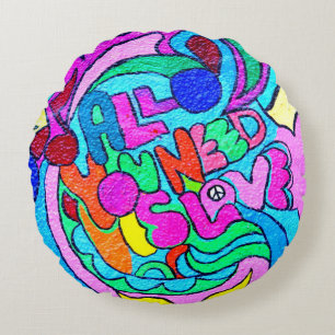 hippie retro 70's groovy love pattern round cushion