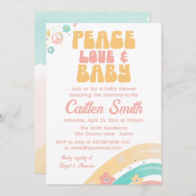 Hippie Retro Baby Shower Groovy Pastels Peace Love Invitation (Front/Back)