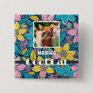 Hippie Retro Floral Groovy Cool Cat Custom Photo 15 Cm Square Badge