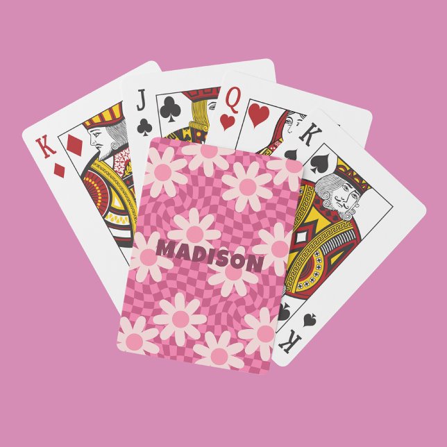 Hippie Retro Groovy Pink Daisy Flowers Custom Name Playing Cards (Creator Uploaded)