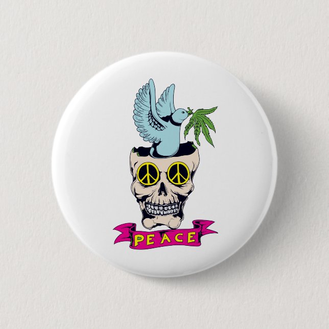 hippie retro peace skull vector art 6 cm round badge (Front)