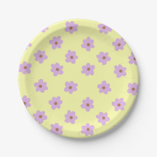 Hippie Retro Purple Yellow Flower Y2K Pattern Paper Plate