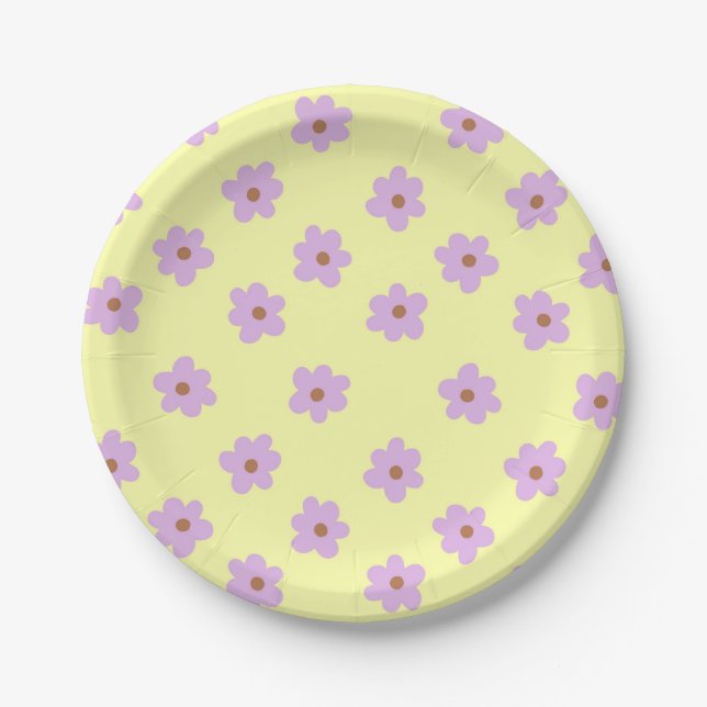 Hippie Retro Purple Yellow Flower Y2K Pattern Paper Plate (Front)