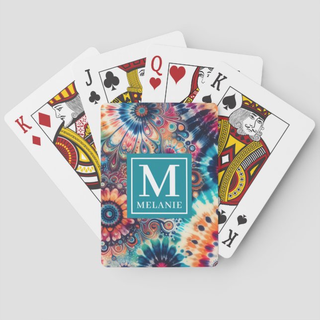 Hippie Retro Tie-Dye Monogrammed Playing Cards (Back)