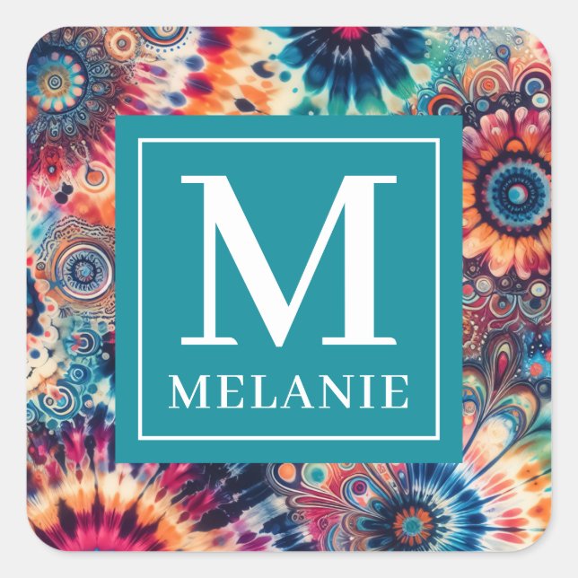 Hippie Retro Tie-Dye Monogrammed Square Sticker (Front)