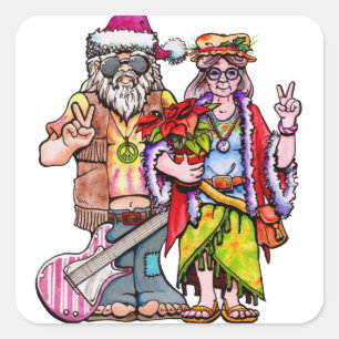Hippie Santa Couple Square Sticker
