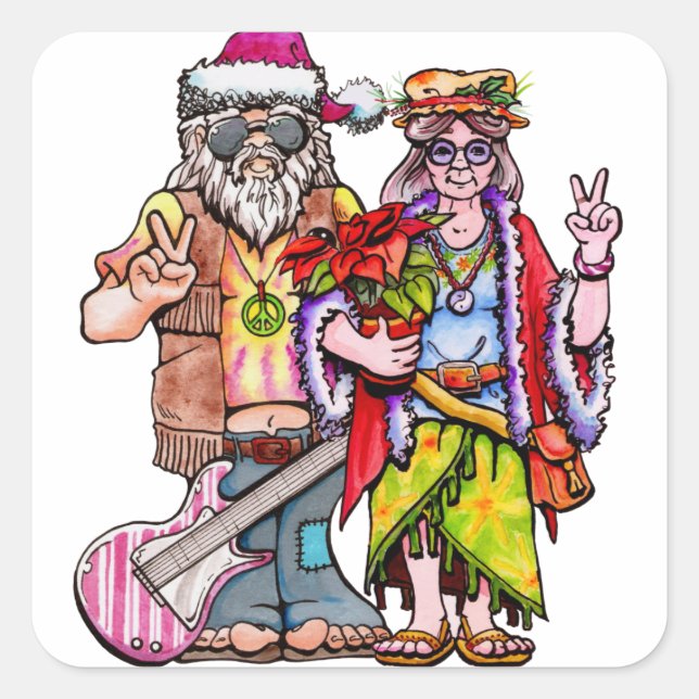 Hippie Santa Couple Square Sticker (Front)