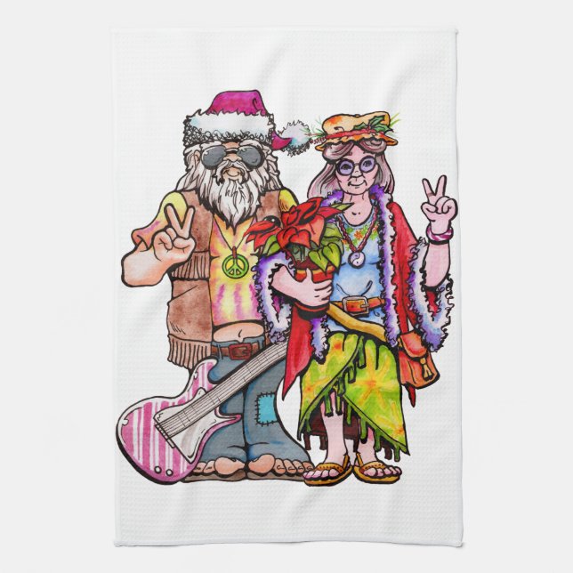 Hippie Santa Couple Tea Towel (Vertical)