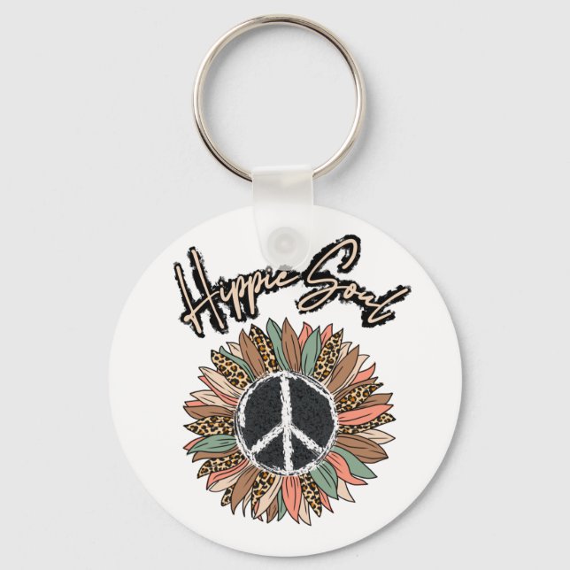 Hippie Soul Peace Sign Sunflower Key Ring (Front)