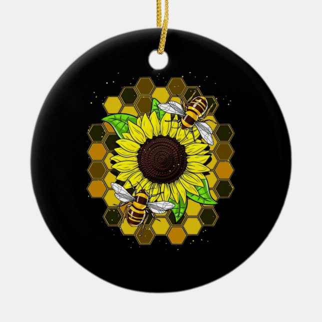 Hippie Sunflower Bees Ceramic Tree Decoration (Front)