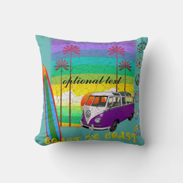 Hippie Surf Board Travel Camper Throw Pillow (Front)