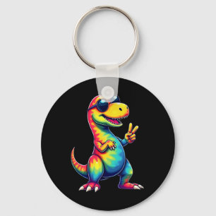Hippie Tie Dye T-rex Dino Peace Sign  Key Ring