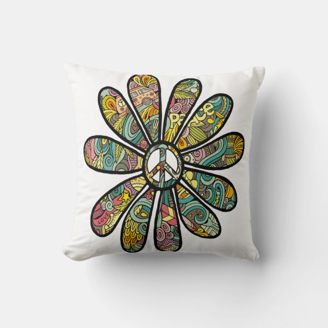 Hippie Trippy Flower Power Peace Sign Seventies Cushion (Front)