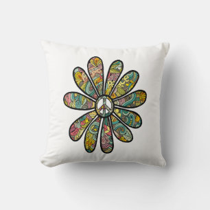 Hippie Trippy Flower Power Peace Sign Seventies Cushion