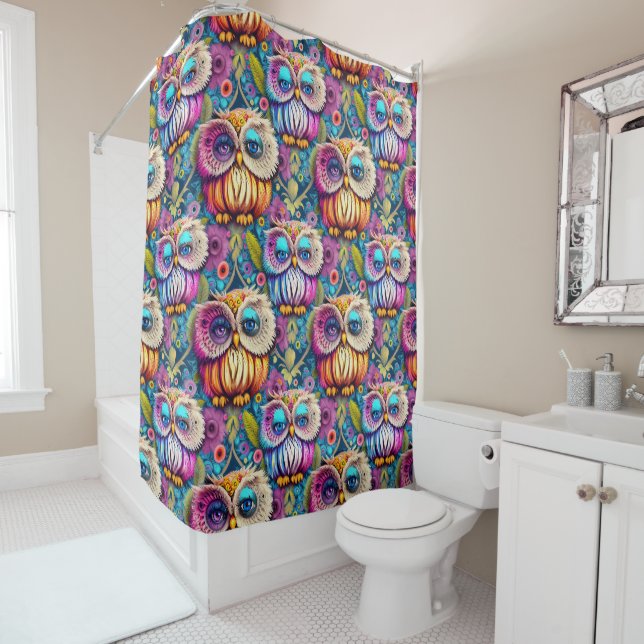 Hippie Trippy Psychedelic Colourful Owl  Shower Curtain (In Situ)