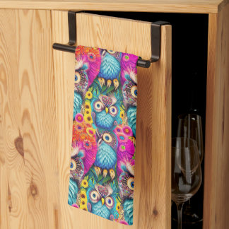 Hippie Trippy Psychedelic Colourful Owl  Tea Towel