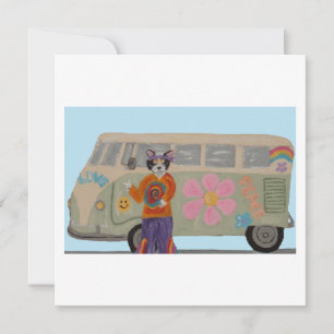 Hippie Tuxedo Cat with Flower Child Van  Invitation