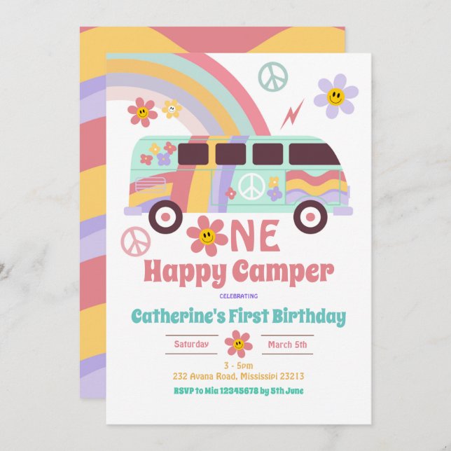 Hippie Van One Happy Camper First Birthday Invitation (Front/Back)
