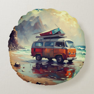 Hippie Van Seascape Traveller Mood Art Round Cushion
