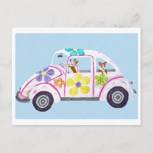 Hippie Welsh Corgis in their Flower Child Love Car Invitation Postcard