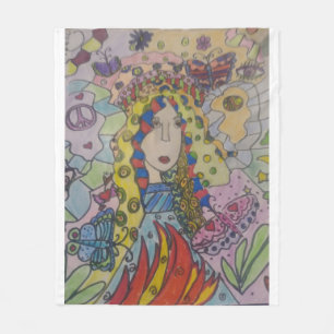 Hippie Woman Rainbow Hair — Peace Love Boho Art Fleece Blanket