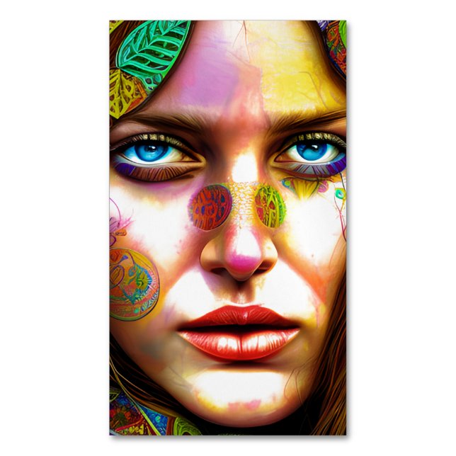 Hippie Women Portrait Graphic Magnetic Business Card (Front Vertical)