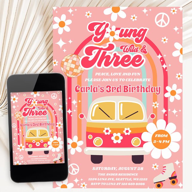 Hippie Young Wild & Three Groovy 3rd Birthday Invitation (Creator Uploaded)
