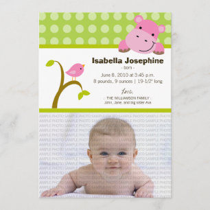 Hippo and Birdie Baby Birth Announcement (green)